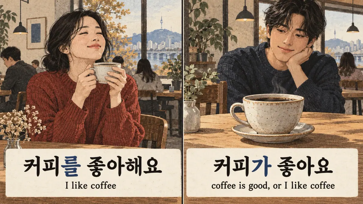 Coffee comparison: 커피를 좋아해요, I like coffee; 커피가 좋아요, coffee is good.