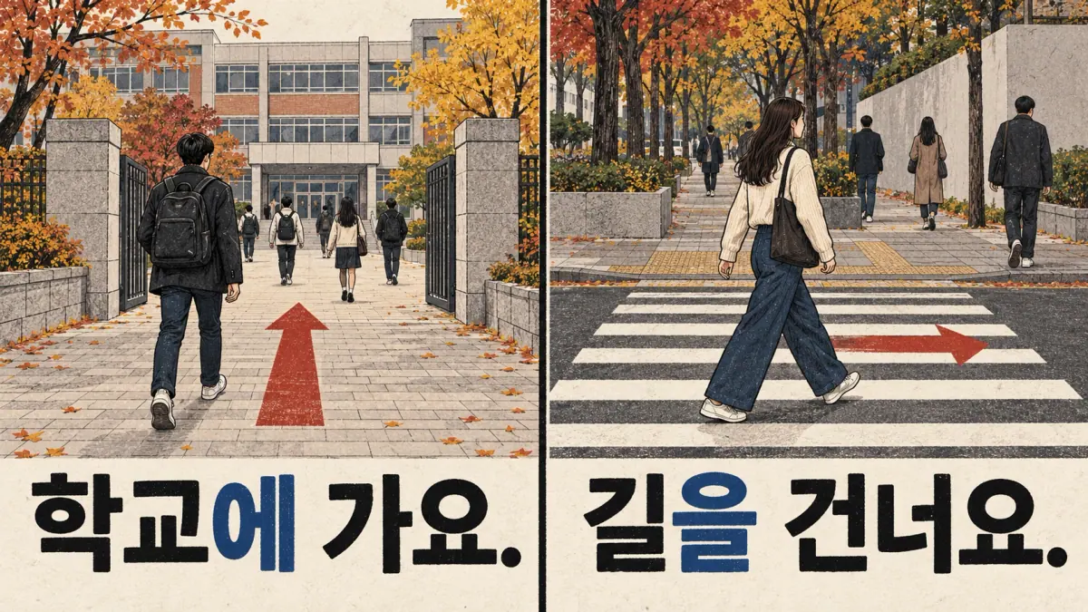 An adult heads to school, 학교에 가요., and another crosses a street, 길을 건너요.