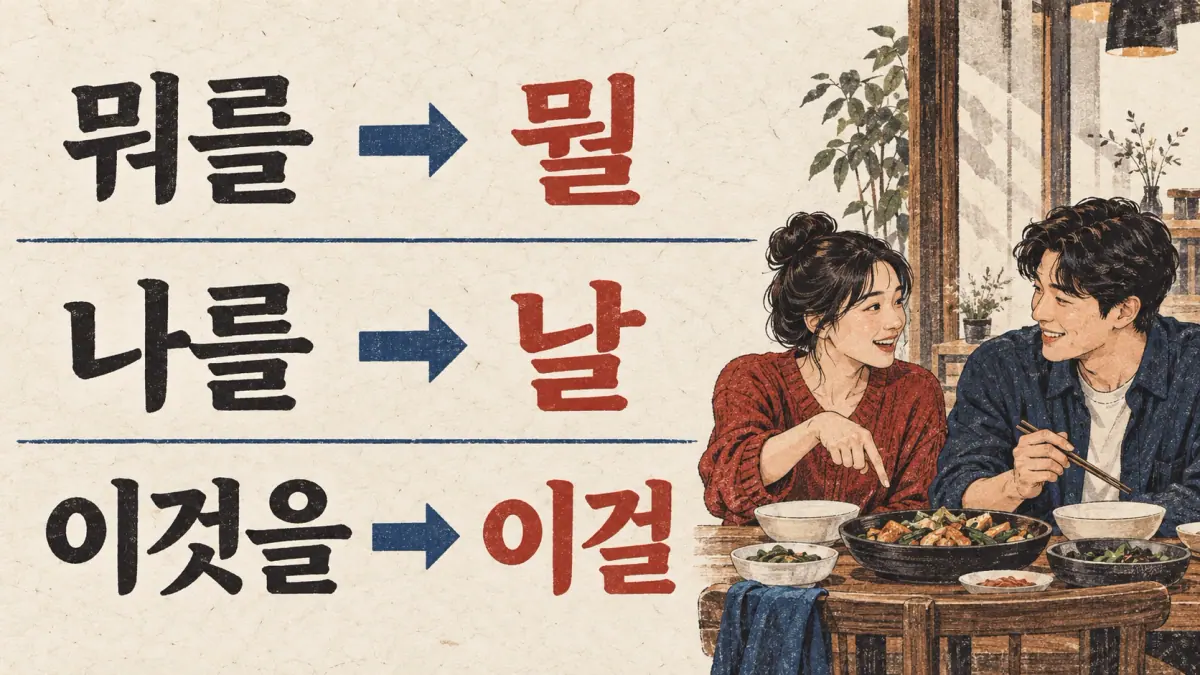 Three spoken contractions: 뭐를 to 뭘, 나를 to 날, 이것을 to 이걸.