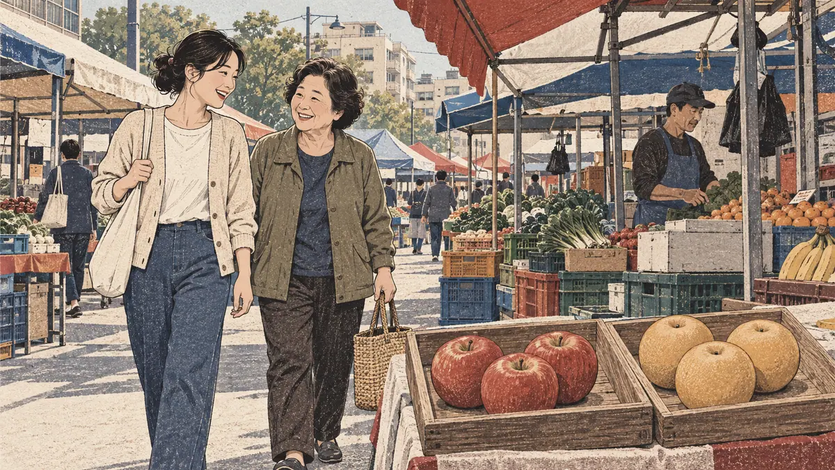 An adult daughter walks with her mother through a Seoul market beside apples and Korean pears, illustrating 하고 (hago), and or with.