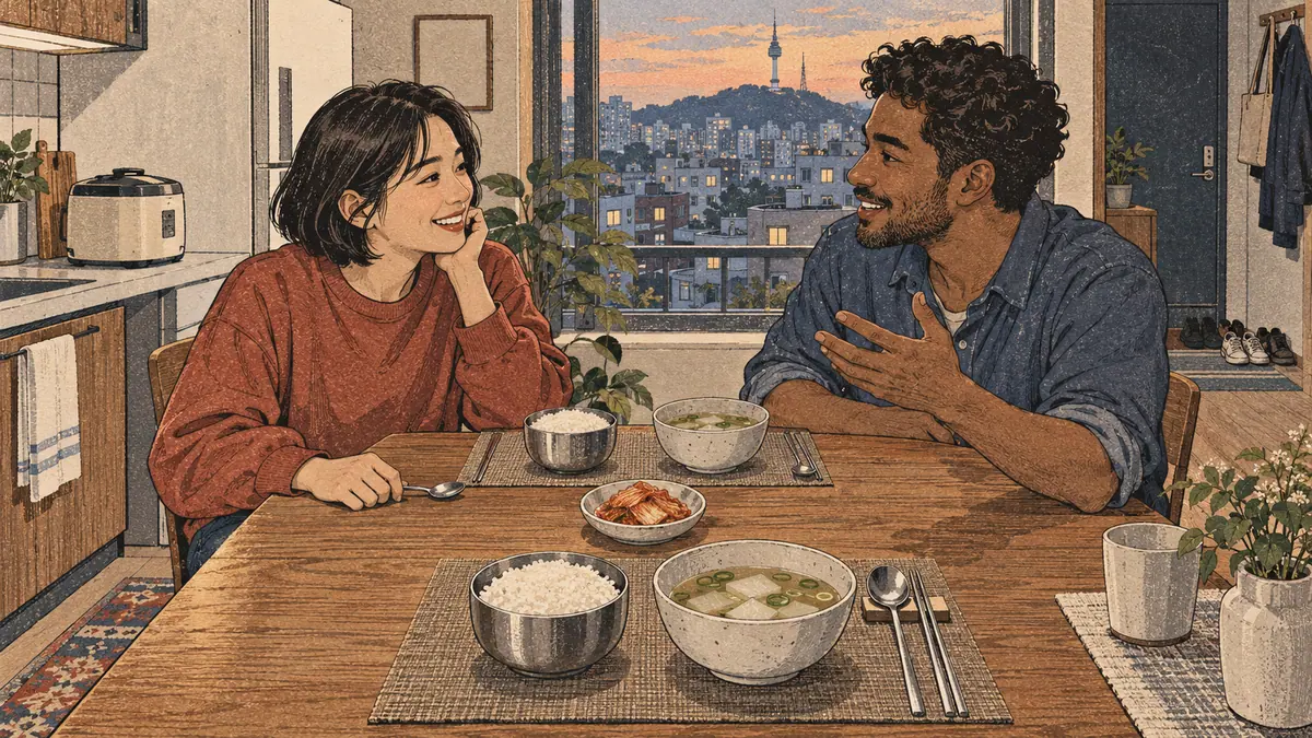 Two friends share rice and soup in a Seoul apartment, illustrating casual (이)랑 (irang), and or with.