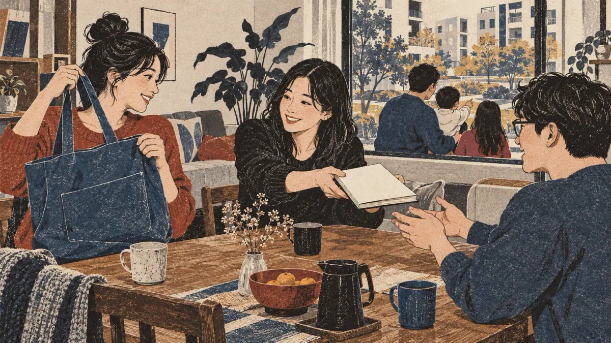 Friends show their own bag and a friend's book beside a family in a shared Seoul apartment.