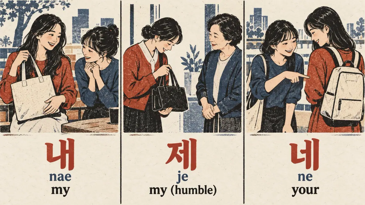 Three bag scenes labelled 내 (nae), 제 (je), 네 (ne), showing my, humble my and your.