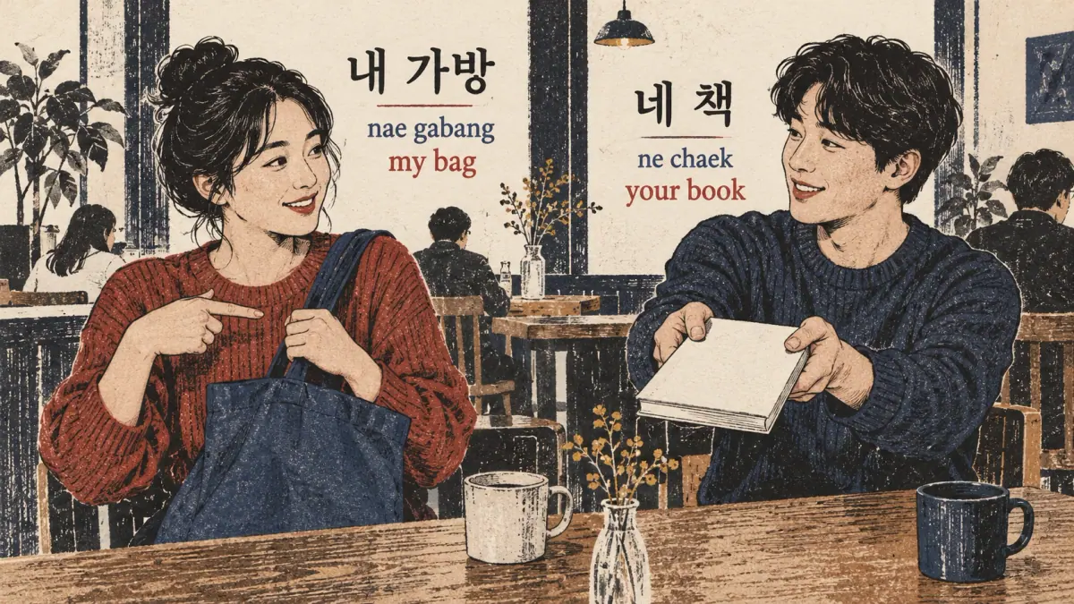 Cafe friends show 내 가방 (nae gabang), my bag, and 네 책 (ne chaek), your book.
