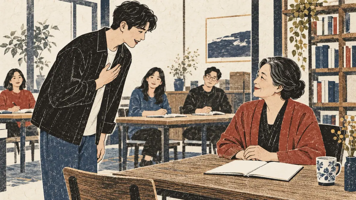 An adult politely introduces himself to an older teacher in a Seoul study room.