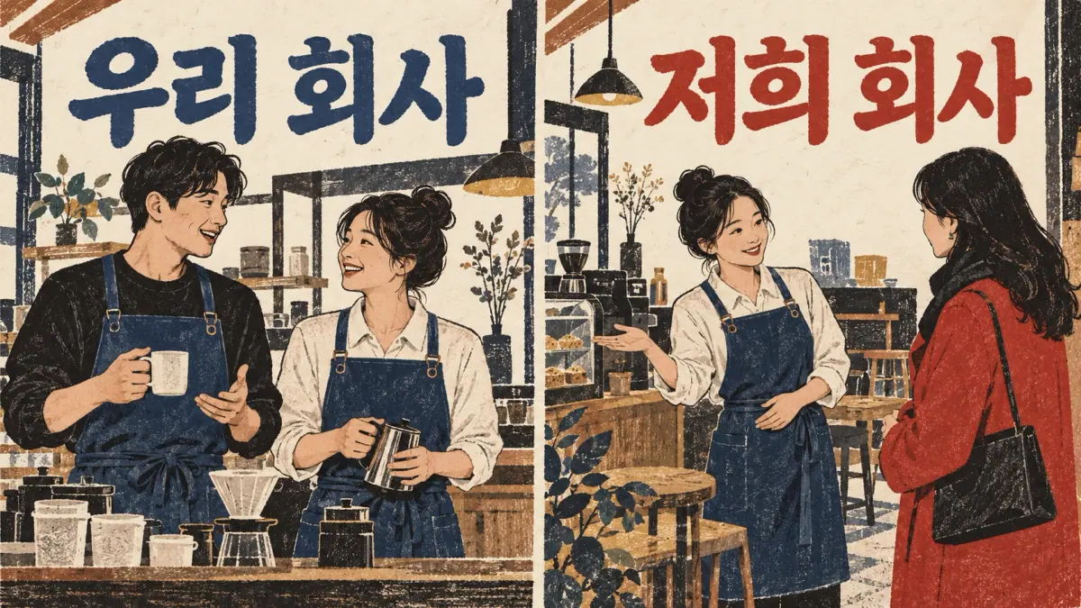 Colleagues use 우리 회사; a cafe owner uses 저희 회사 with an outside customer.