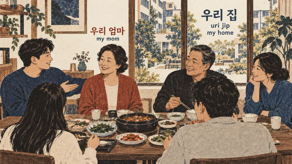 A family meal labels 우리 엄마, my mom, and 우리 집 (uri jip), my home.