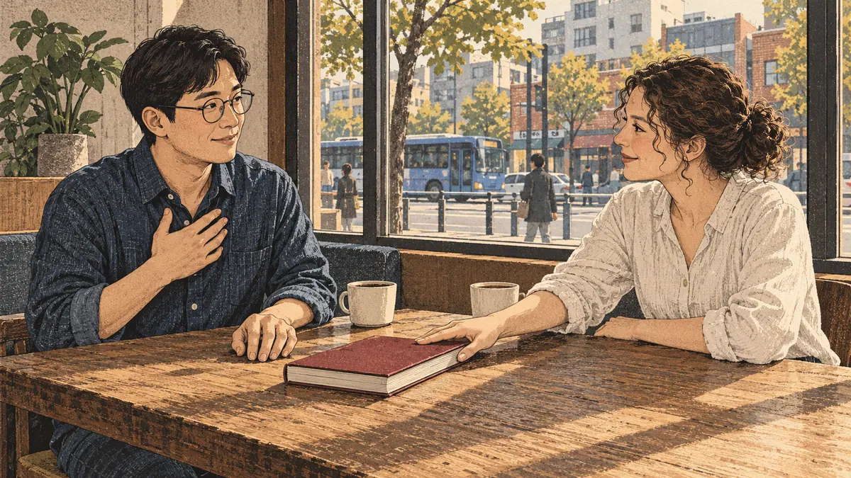A learner returns a book to its owner at a Seoul café, illustrating 친구의 책 (chinguui chaek), a friend's book.
