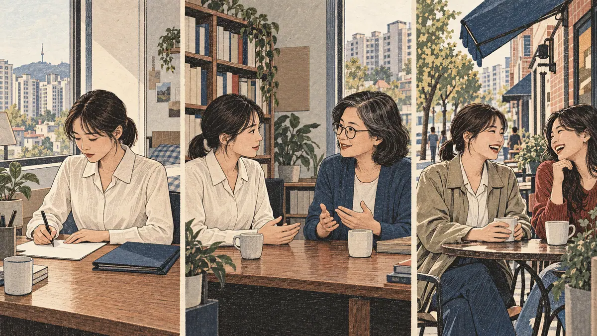 Three moments in a Seoul learner’s day: writing, speaking to a teacher, and chatting with a friend.