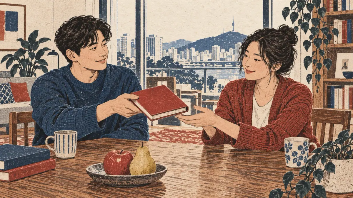 Friends share a blank book in a Seoul apartment; an apple and pear sit on the wooden table.
