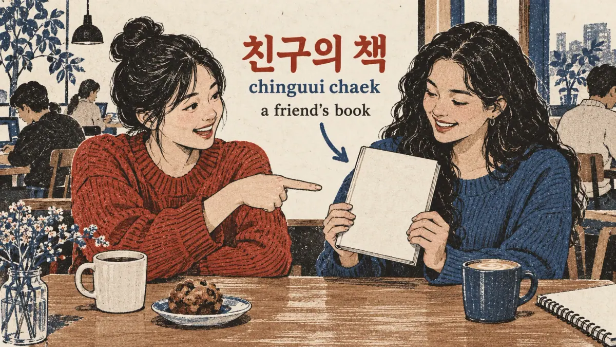 A friend identifies a book: 친구의 책 (chinguui chaek), a friend's book.