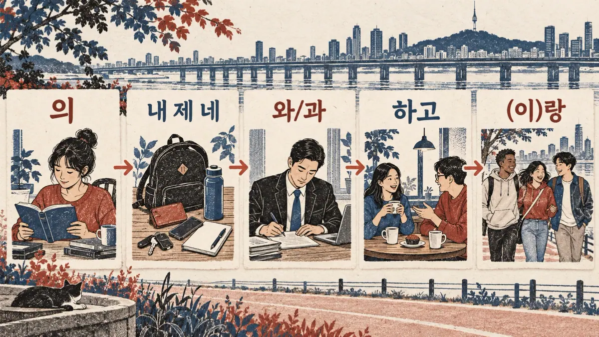 Five illustrated lesson cards show 의, 내 제 네, 와/과, 하고 and (이)랑, moving from ownership to joining nouns.