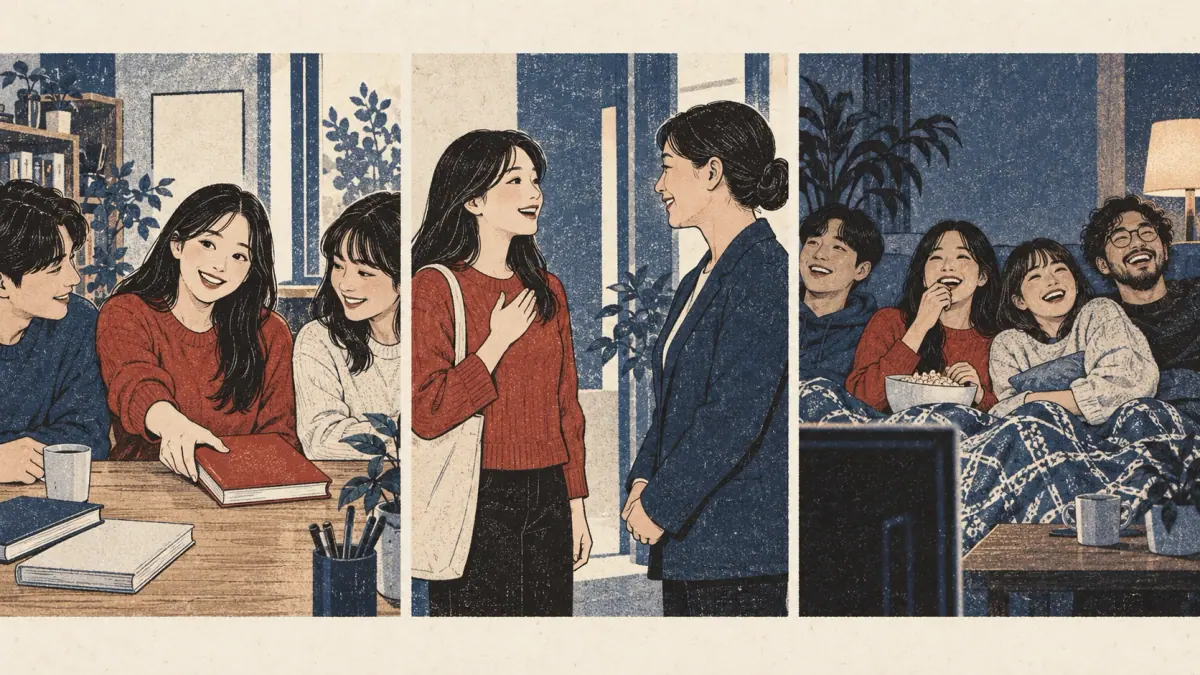 Three scenes show book ownership, a polite introduction and friends watching a movie together.