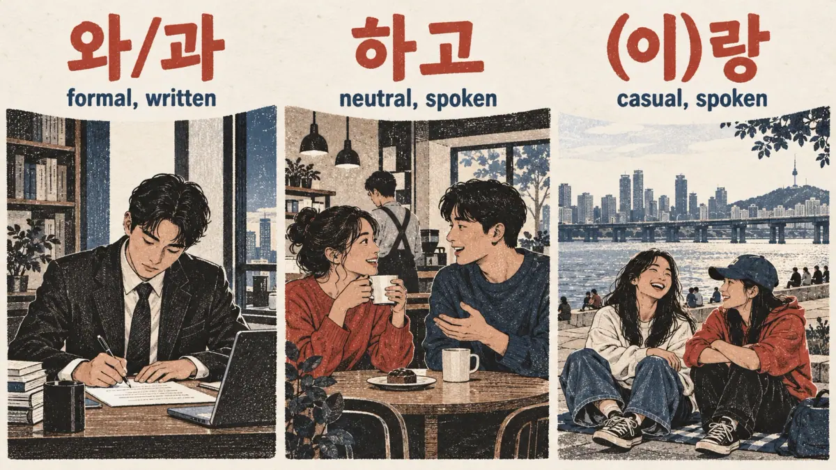 Writing, cafe conversation and relaxed friends illustrate 와/과, 하고 and (이)랑 and their registers.