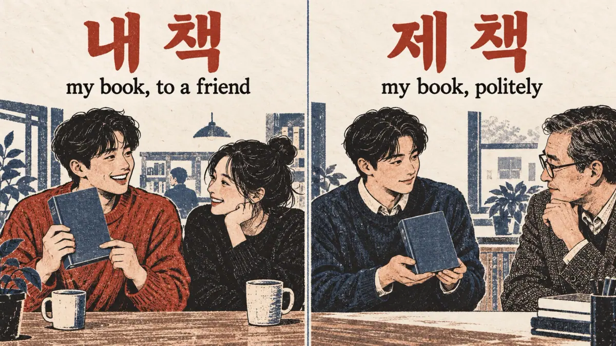 Two book scenes contrast 내 책 with a friend and 제 책 with a teacher.