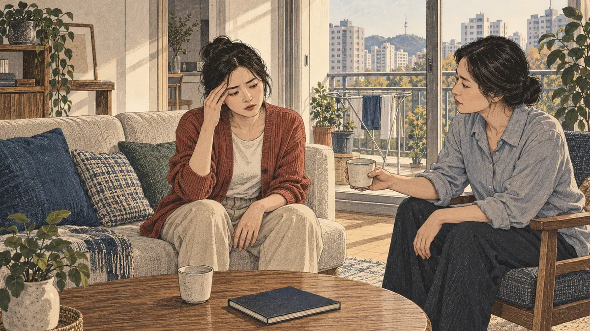 A woman touches her temple while telling a friend she has a headache in a Seoul apartment.