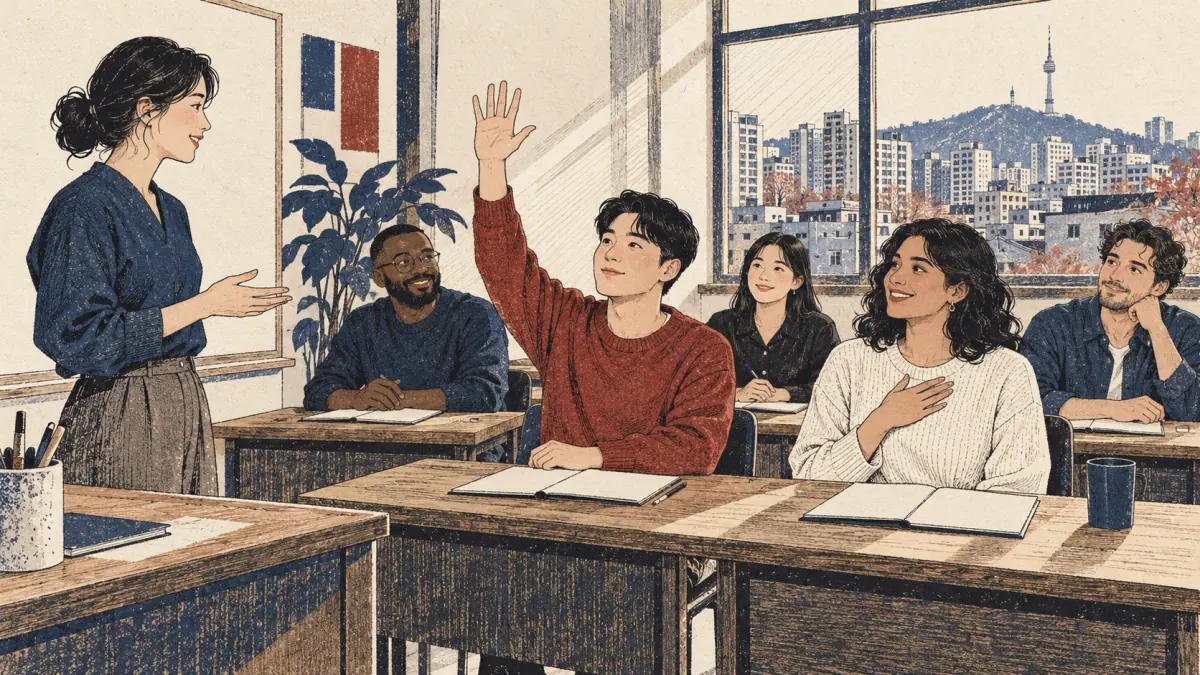 Adult students identify themselves and introduce themselves in a Seoul classroom.