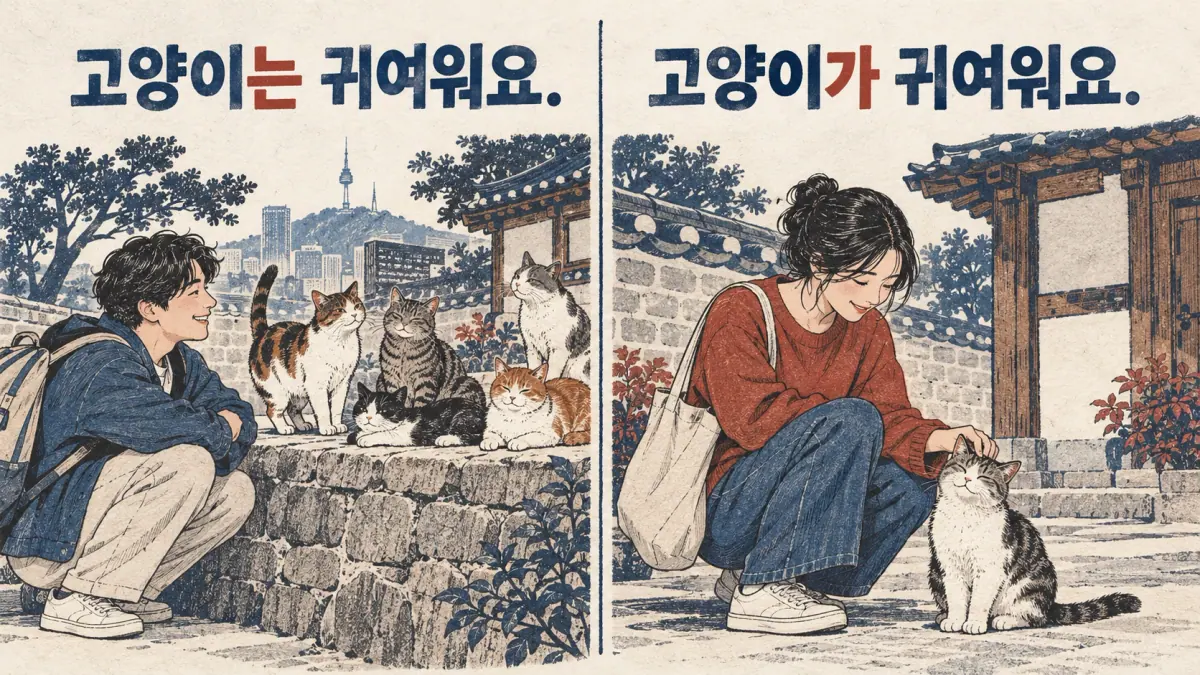 Cats as a category: 고양이는 귀여워요. One specific cat: 고양이가 귀여워요.