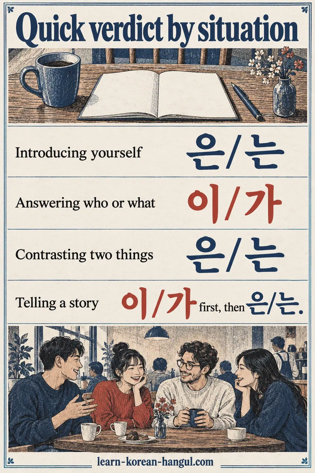 Four situations compare 은/는 and 이/가, with a cafe conversation.