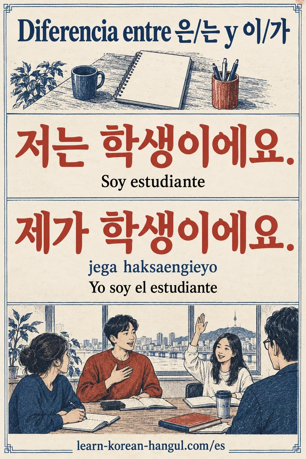 저는 학생이에요. presenta al estudiante; 제가 학생이에요. (jega haksaengieyo) lo identifica.