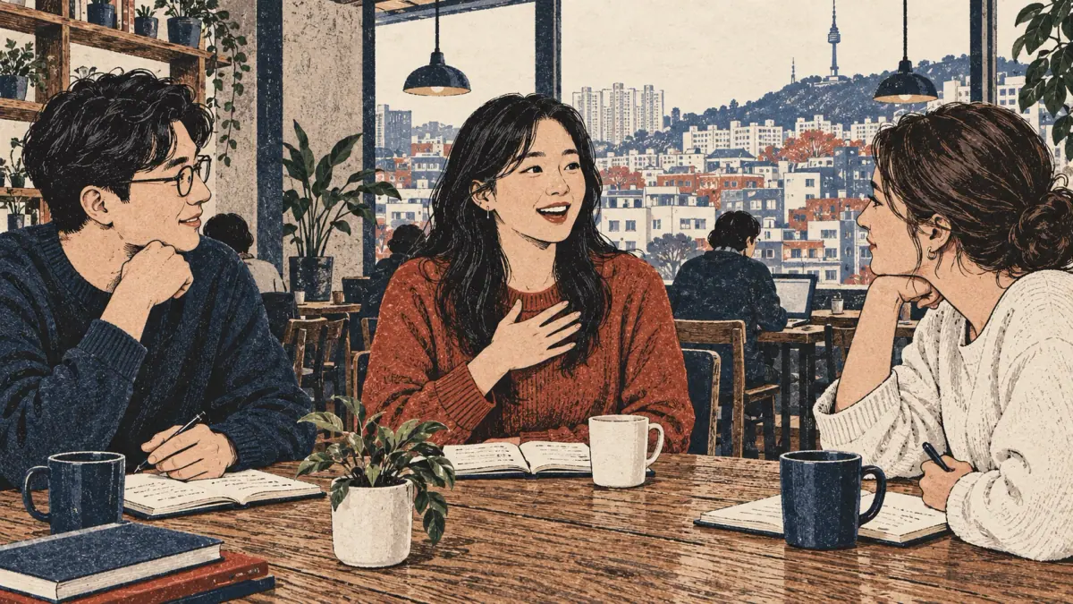 Adult learners introduce themselves around a wooden cafe table overlooking Seoul.