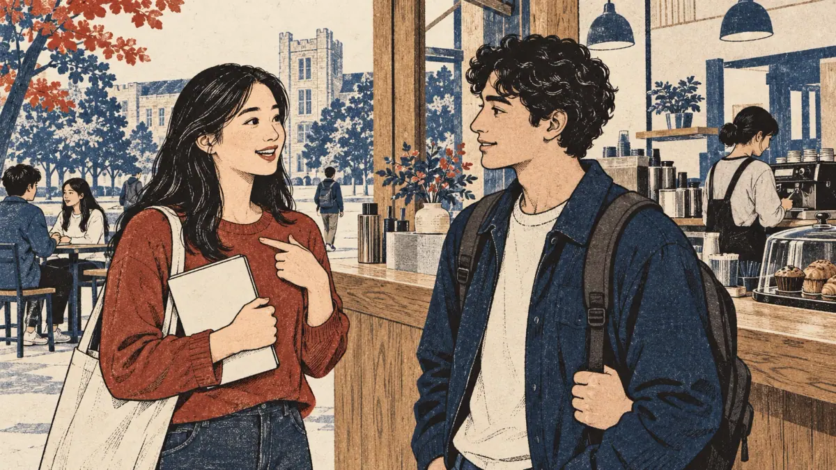 An adult student introduces herself to a classmate beside a campus cafe counter.