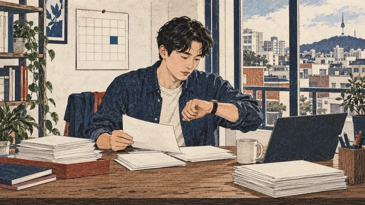 A busy adult sorts papers at an apartment desk beside a calendar and wristwatch.