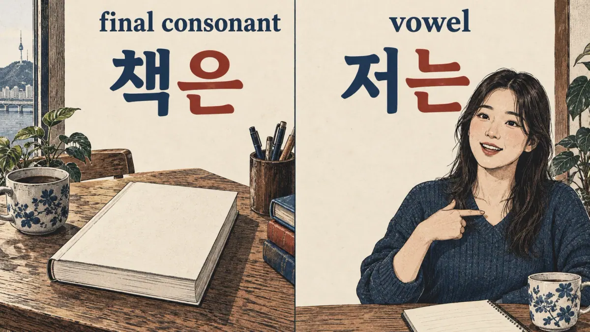 A book labelled 책은 and a speaker labelled 저는 compare consonant and vowel endings.