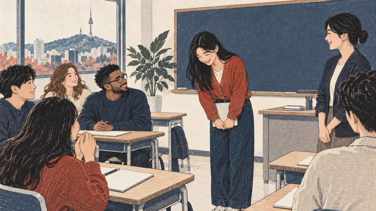 A student introduces herself to a new classmate in a Korean classroom.