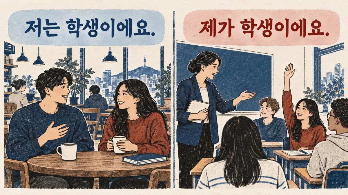 Two scenes contrast 저는 학생이에요. with 제가 학생이에요. when a learner raises a hand.