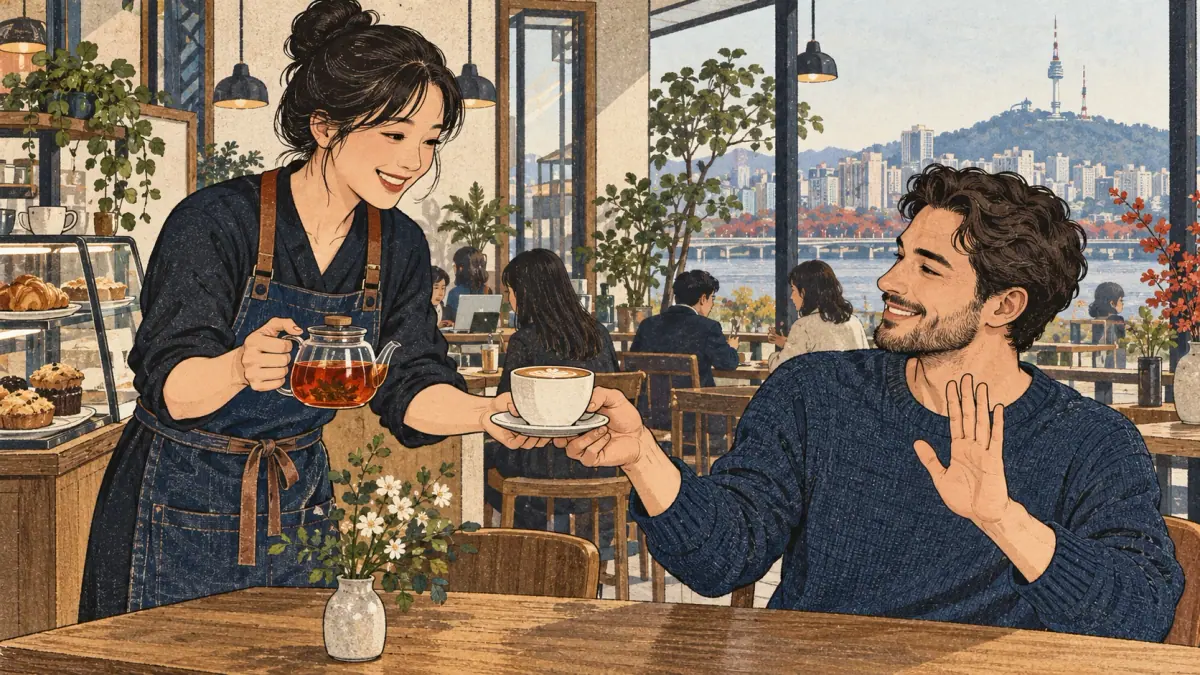 A cafe customer accepts coffee and politely declines tea, showing contrast.