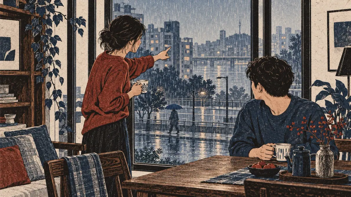 Una persona señala que empieza a llover desde un piso de Seúl.