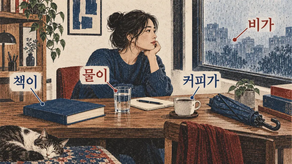 Libro 책이, agua 물이, café 커피가 y lluvia 비가 en una mesa.