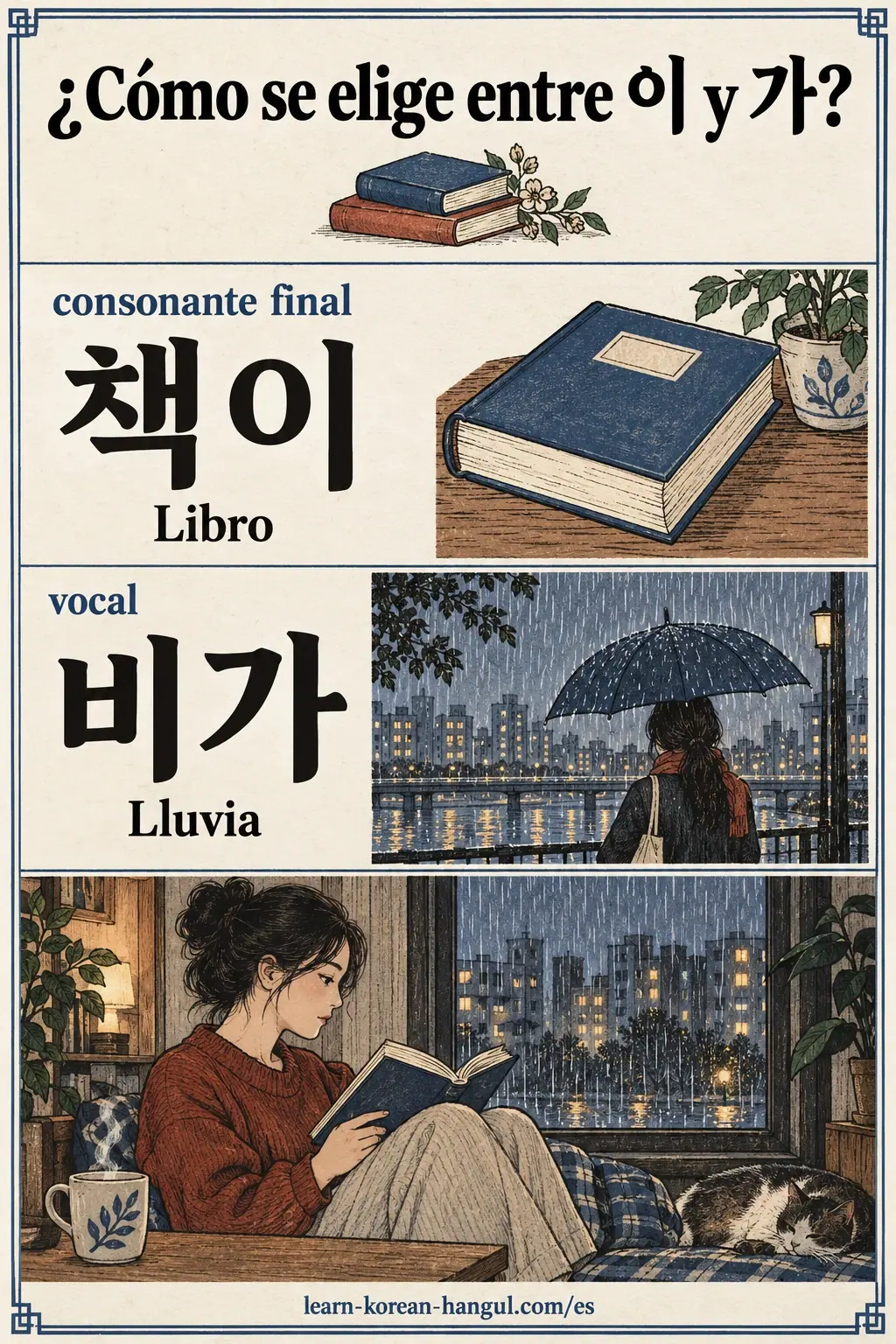La regla compara 책이, libro, con 비가, lluvia.