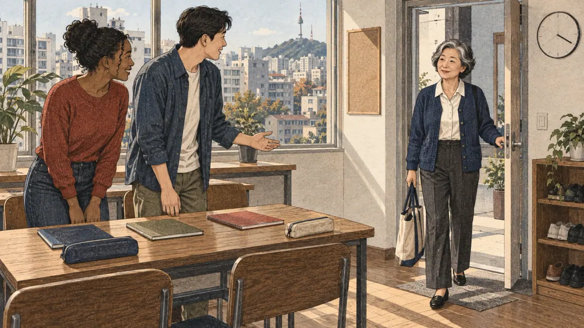 Adult learners respectfully welcome their teacher into a Seoul classroom.