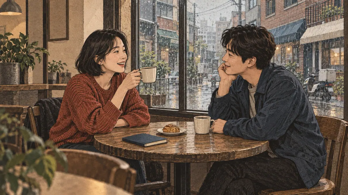 Two friends chat casually over coffee in a Seoul café.