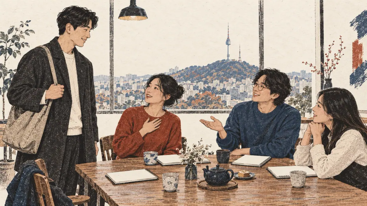 Study group welcomes a teacher in a Seoul café.