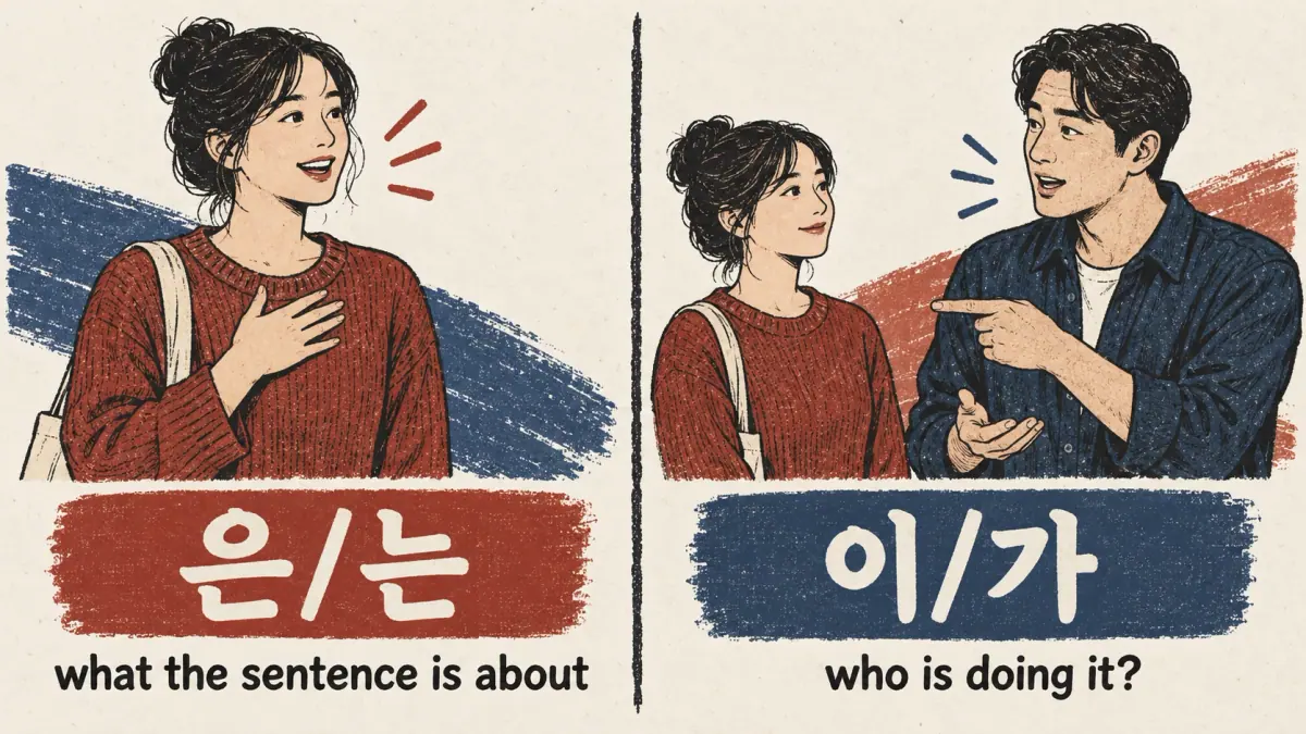 Two learners show 은/는 for topic and 이/가 for subject.