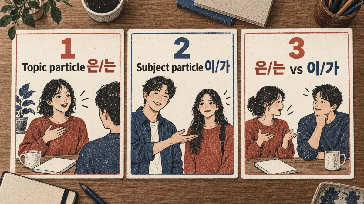 Three study cards: Topic particle 은/는, Subject particle 이/가, then 은/는 vs 이/가.