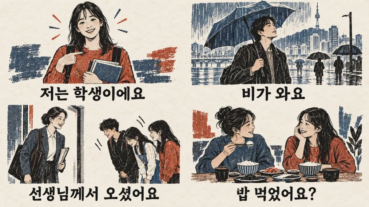 Four scenes: 저는 학생이에요; 비가 와요; 선생님께서 오셨어요; 밥 먹었어요?