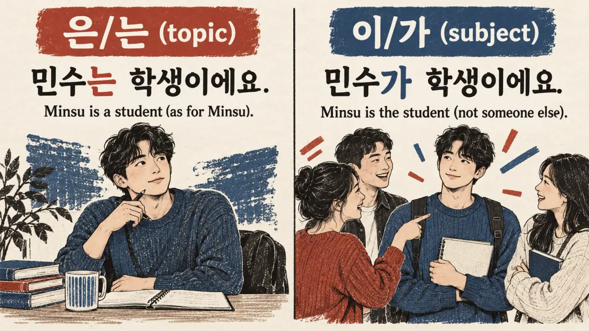 Two scenes compare 은/는 (topic), 이/가 (subject), 민수는 학생이에요. and 민수가 학생이에요.