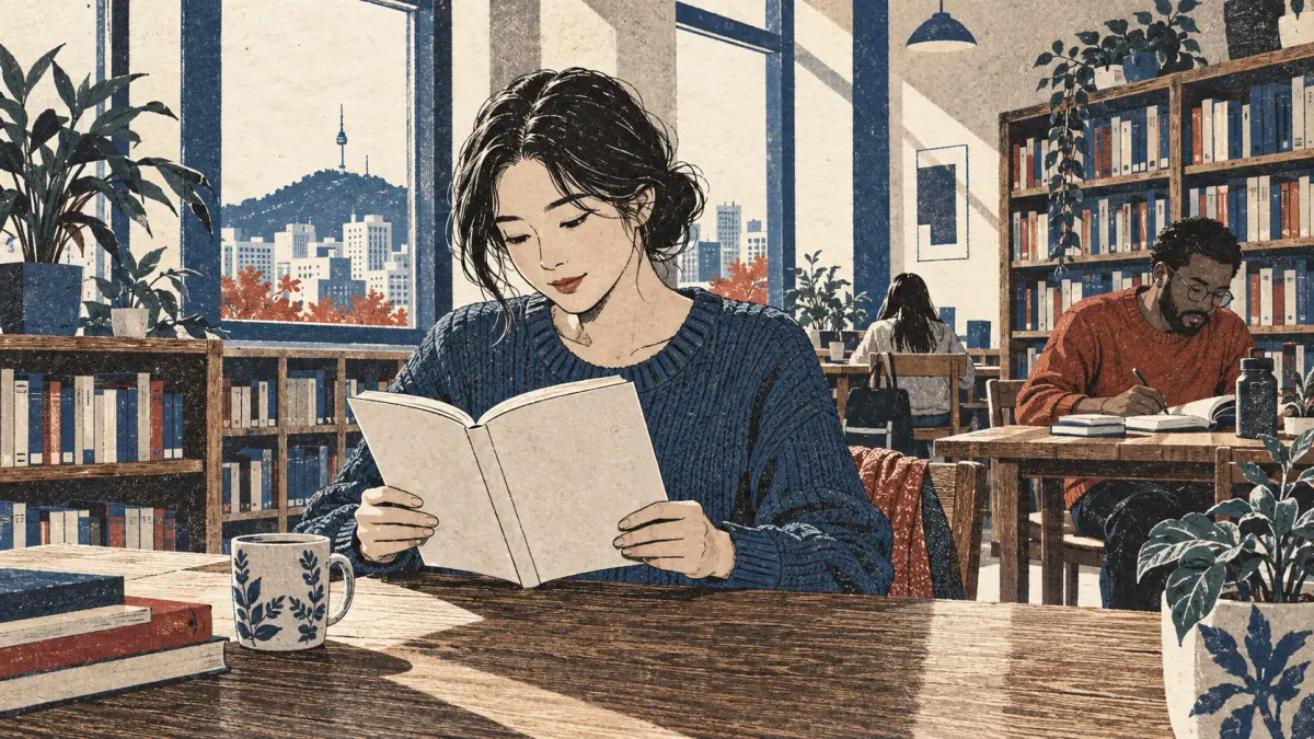 Adult learners read books in a Seoul school library, showing the subject, place and object of an action.