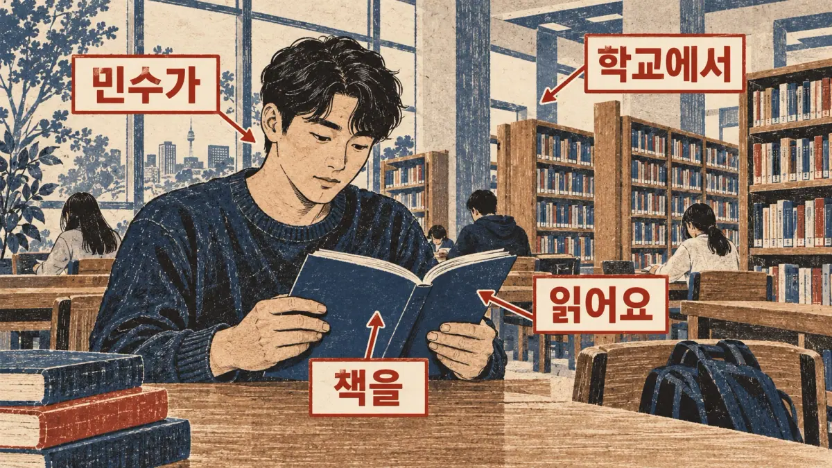Library scene labels 민수가, 학교에서, 책을, 읽어요 (minsuga hakgyoeseo chaegeul ilgeoyo): subject, place, object, verb.