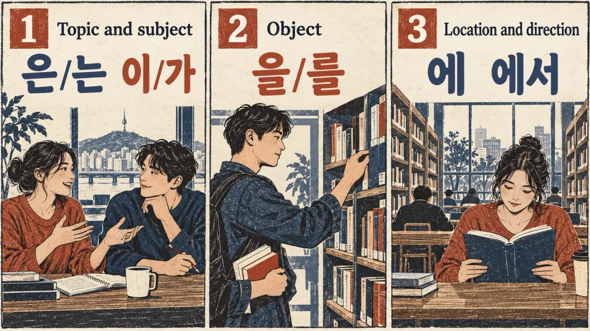Learning order: 은/는 and 이/가, then 을/를, then 에 and 에서, beside everyday scenes.