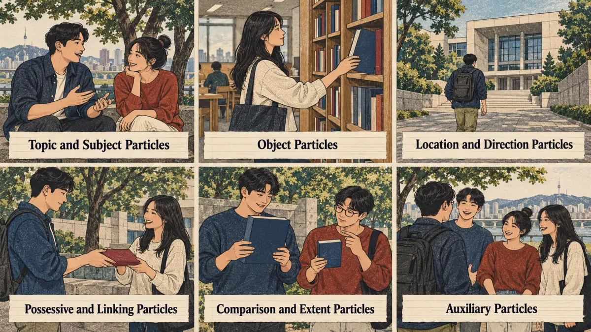Six illustrated lesson sets show topic and subject, object, location, possession, comparison and auxiliary particle roles.