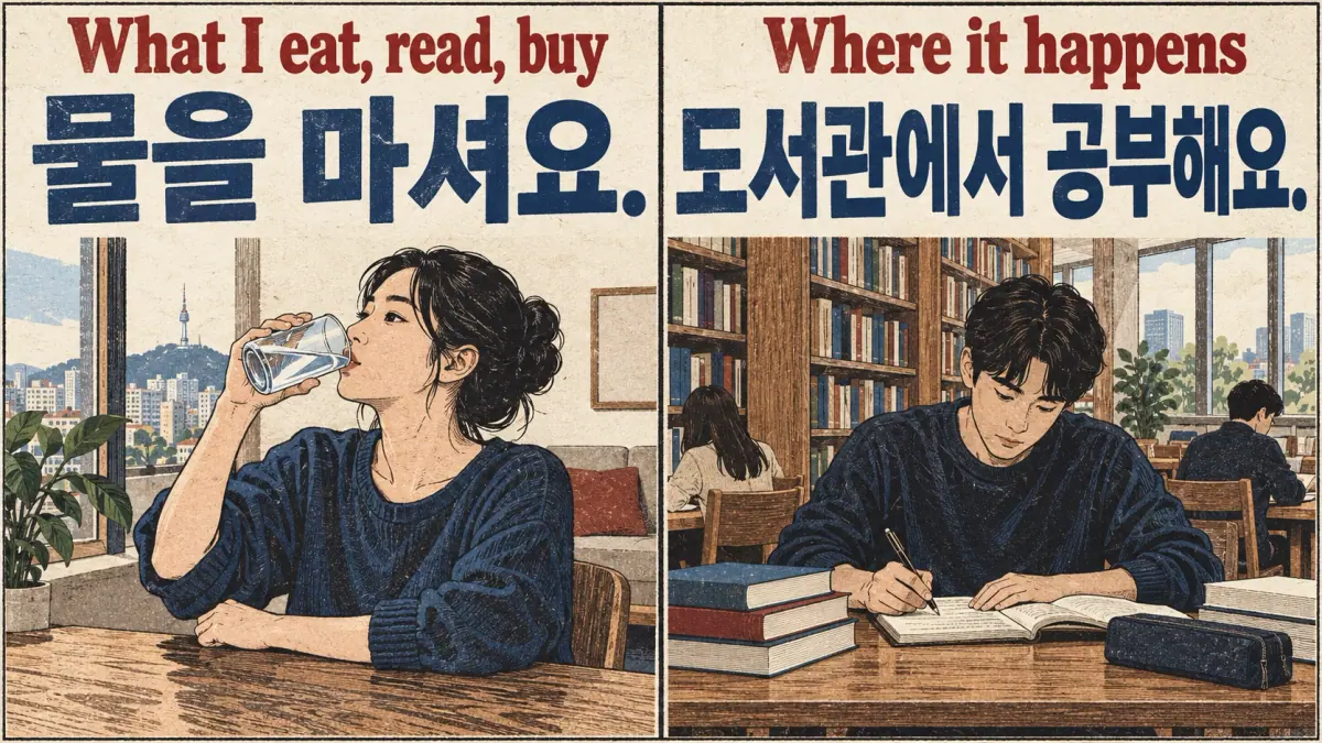 Drinking water illustrates 물을 마셔요.; studying in a library illustrates 도서관에서 공부해요.