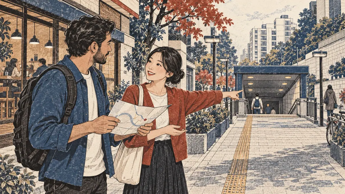 An adult learner asks a Seoul resident for directions to a subway entrance.
