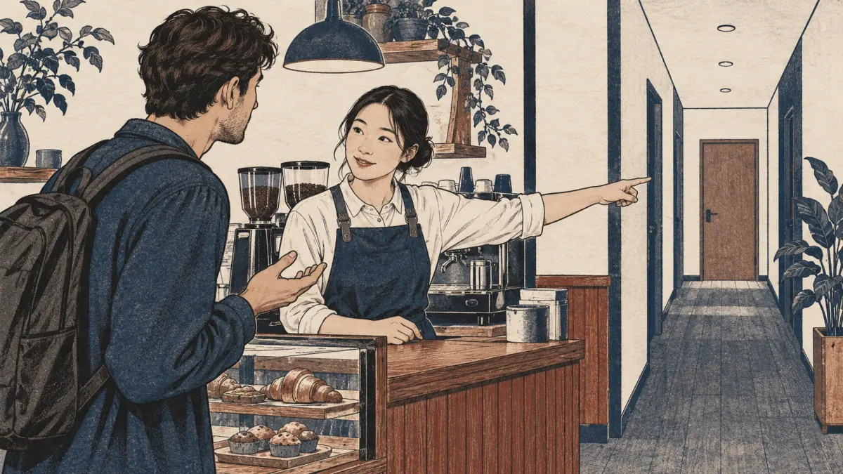 A cafe visitor asks a barista for directions along a corridor.
