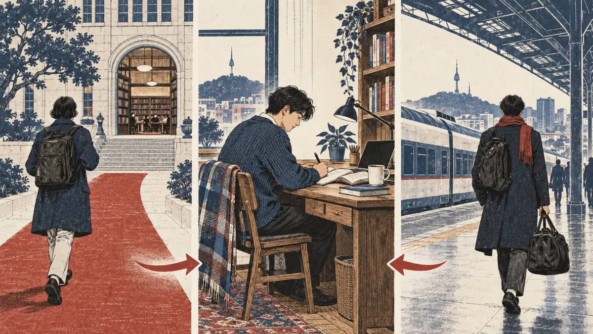 Three scenes distinguish going to a library, studying at home, and coming from a station.