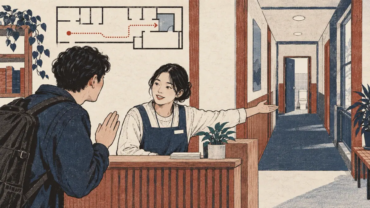 A visitor asks an attendant for the restroom, shown down the corridor with a simple route plan.